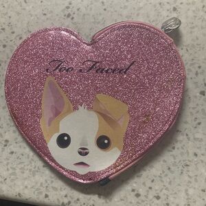 Too Faced Pink Glitter Heart Pouch with Dog Illustration